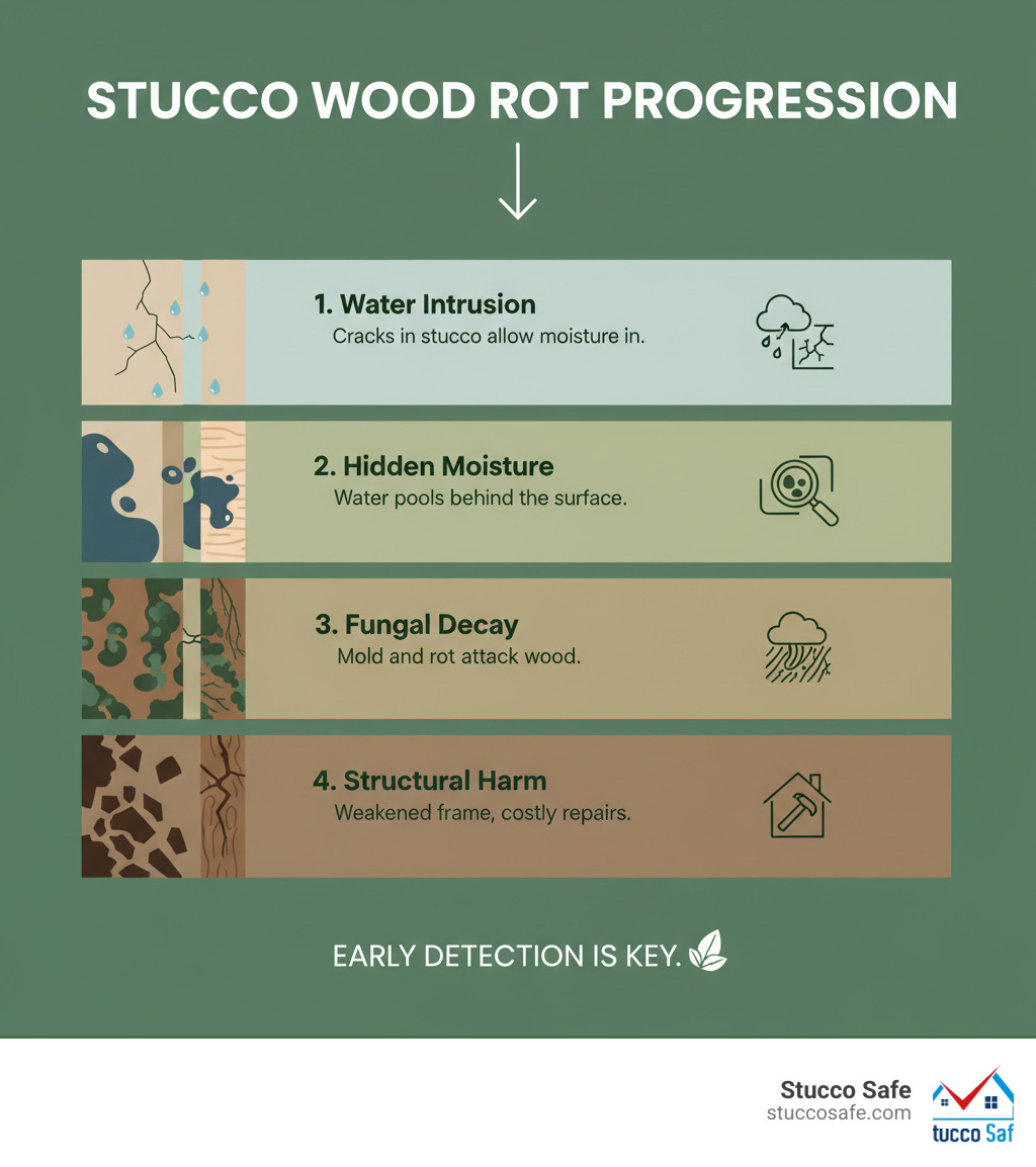 Infographic showing the progression of moisture intrusion through stucco cracks leading to wood rot, including stages of initial water penetration, moisture accumulation behind stucco, fungal growth on wood substrates, and eventual structural damage - stucco wood rot infographic Infographic showing the progression of moisture intrusion through stucco cracks leading to wood rot, including stages of initial water penetration, moisture accumulation behind stucco, fungal growth on wood substrates, and eventual structural damage - stucco wood rot infographic