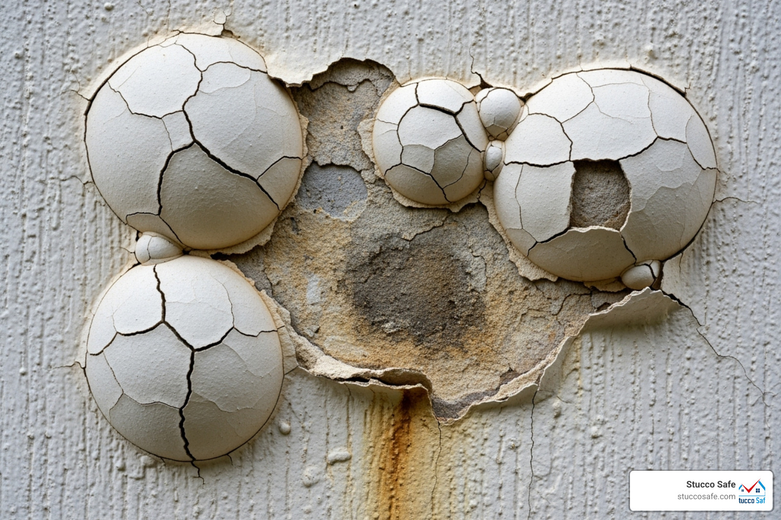 Close-up image of bubbling or peeling stucco, indicating moisture trapped underneath - stucco wood rot Close-up image of bubbling or peeling stucco, indicating moisture trapped underneath - stucco wood rot