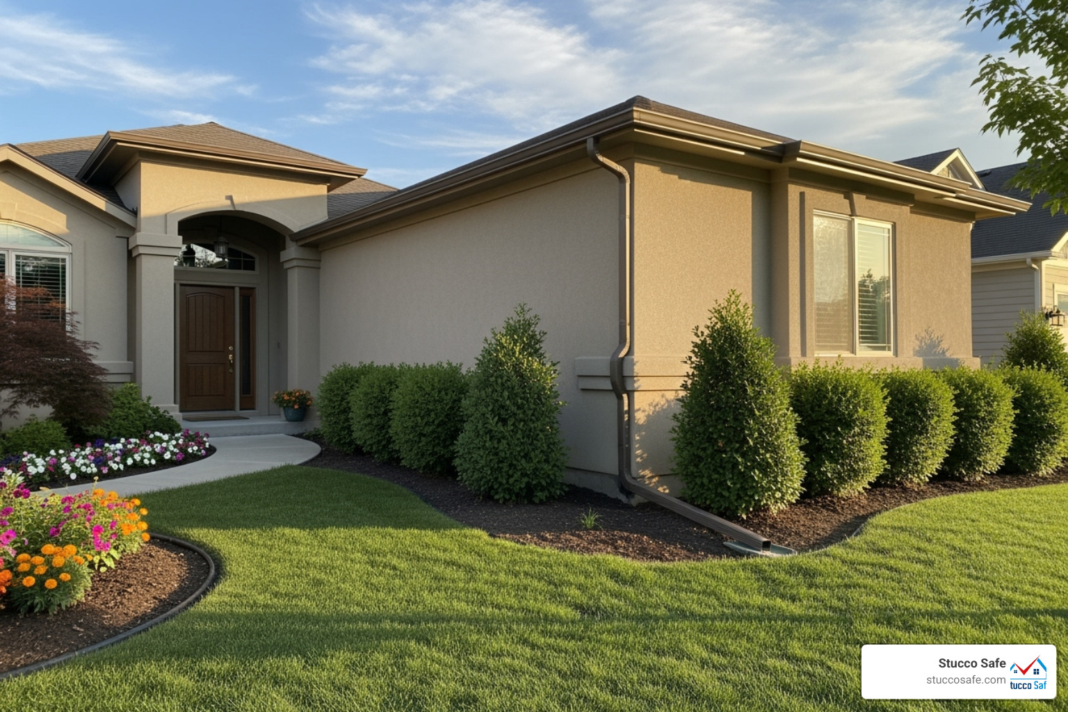 A well-maintained stucco home with clean gutters and proper landscape grading, illustrating effective water management - stucco wood rot A well-maintained stucco home with clean gutters and proper landscape grading, illustrating effective water management - stucco wood rot