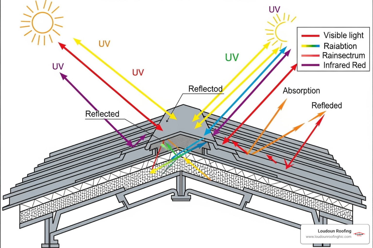 Diagram showing solar radiation (UV, visible, infrared) reflecting off a metal roof surface - energy efficient metal roof