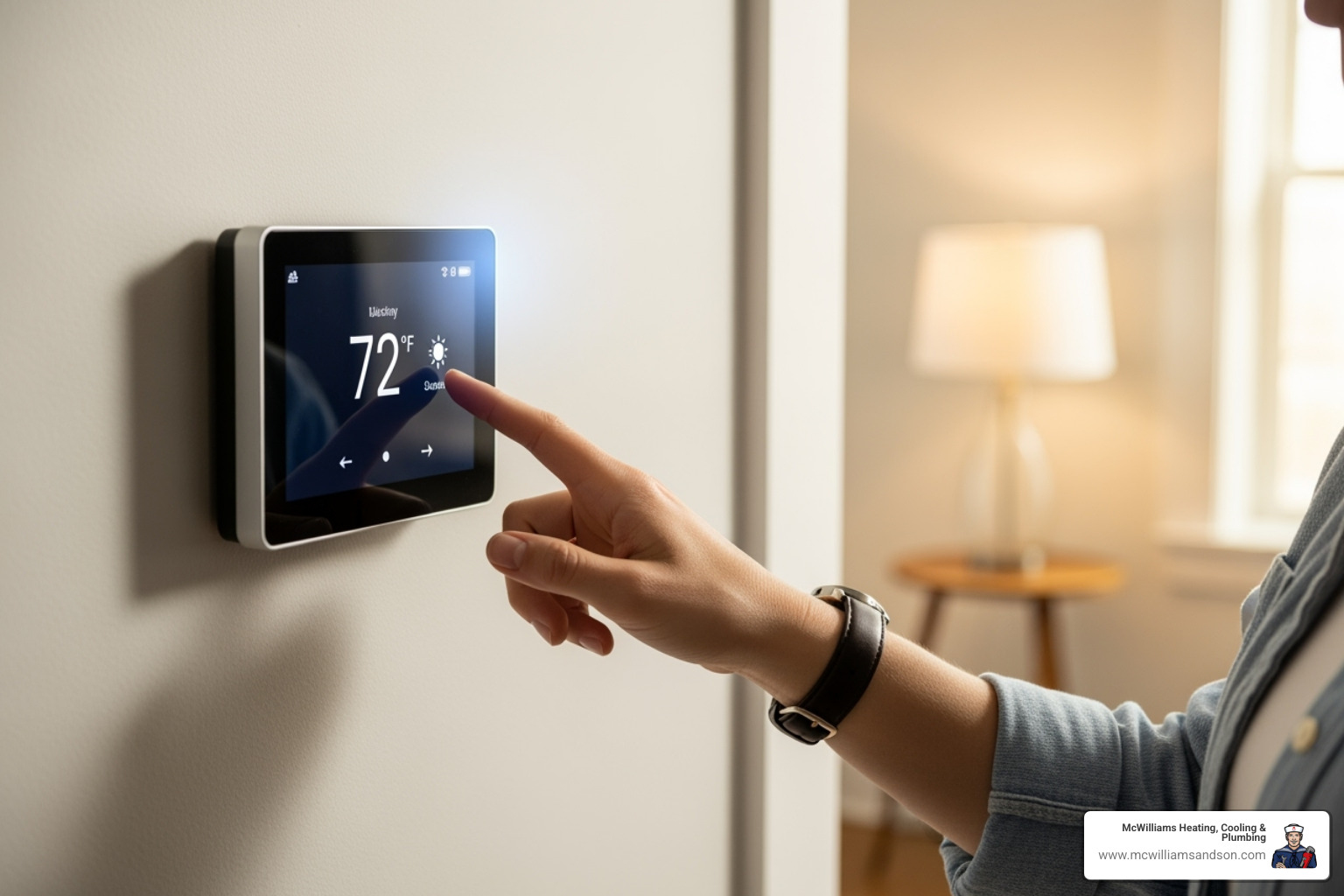 Homeowner easily adjusting a smart thermostat - hvac installation nacogdoches tx