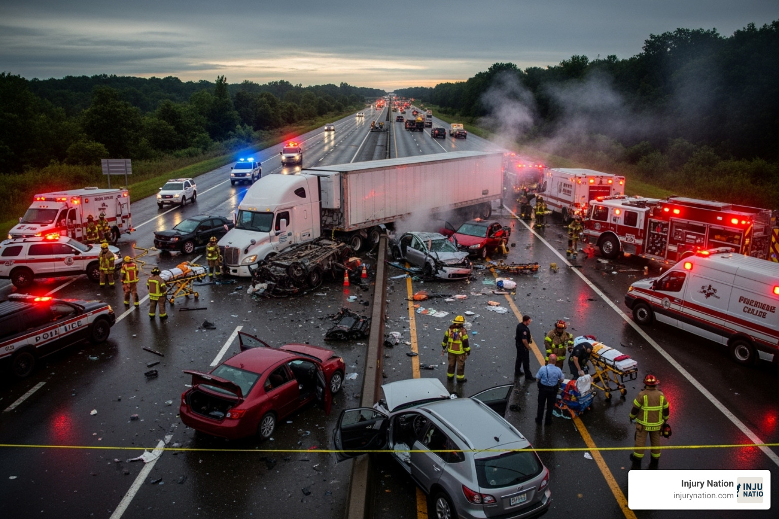 A serious multi-car accident scene - wrongful death lawyer