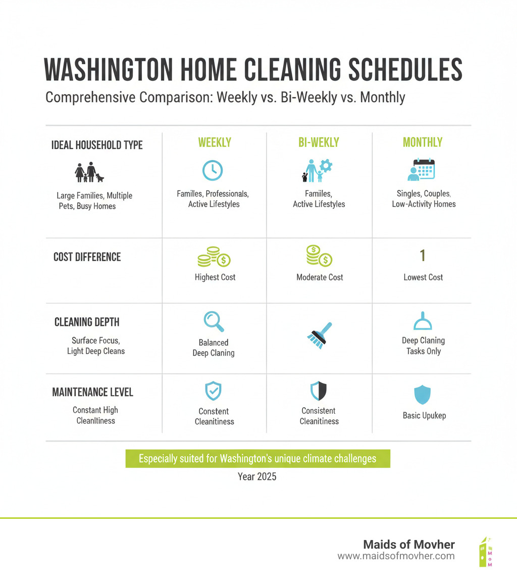 Comprehensive comparison chart showing weekly vs bi-weekly vs monthly cleaning schedules, highlighting ideal household types, cost differences, cleaning depth, and maintenance levels for Washington homes - bi-weekly cleaning services washington infographic 