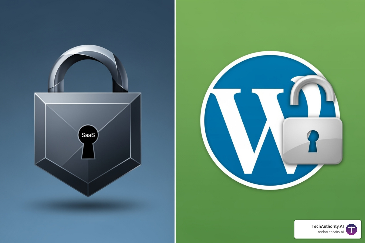 Comparison illustration showing a locked, proprietary SaaS platform icon on one side and an open-source, customizable WordPress icon on the other. - ecommerce web design pricing