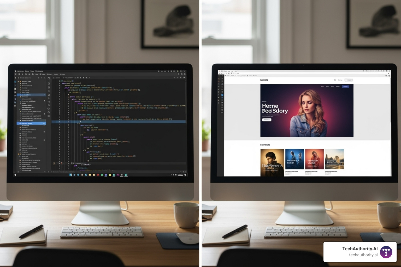 A split image showing a developer's screen with lines of code on one side and a designer's screen with a visually appealing website layout on the other, representing the collaboration in web development. - ecommerce web design pricing