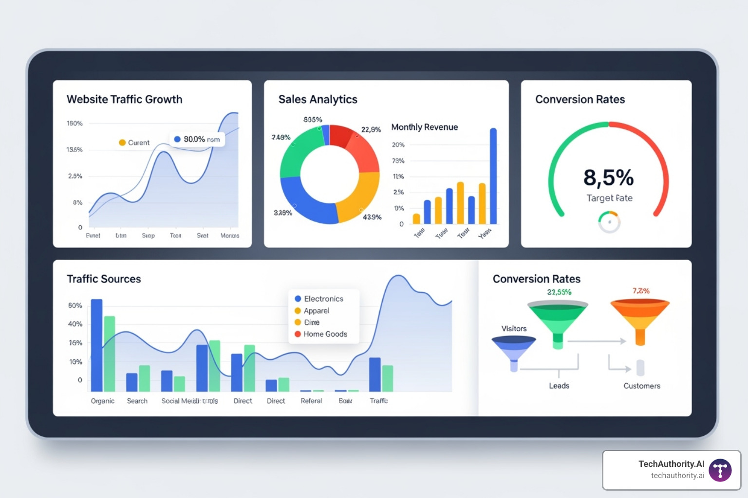 A digital dashboard displaying website traffic growth, sales analytics, and conversion rates, symbolizing the ongoing monitoring and optimization needed for an ecommerce business. - ecommerce web design pricing