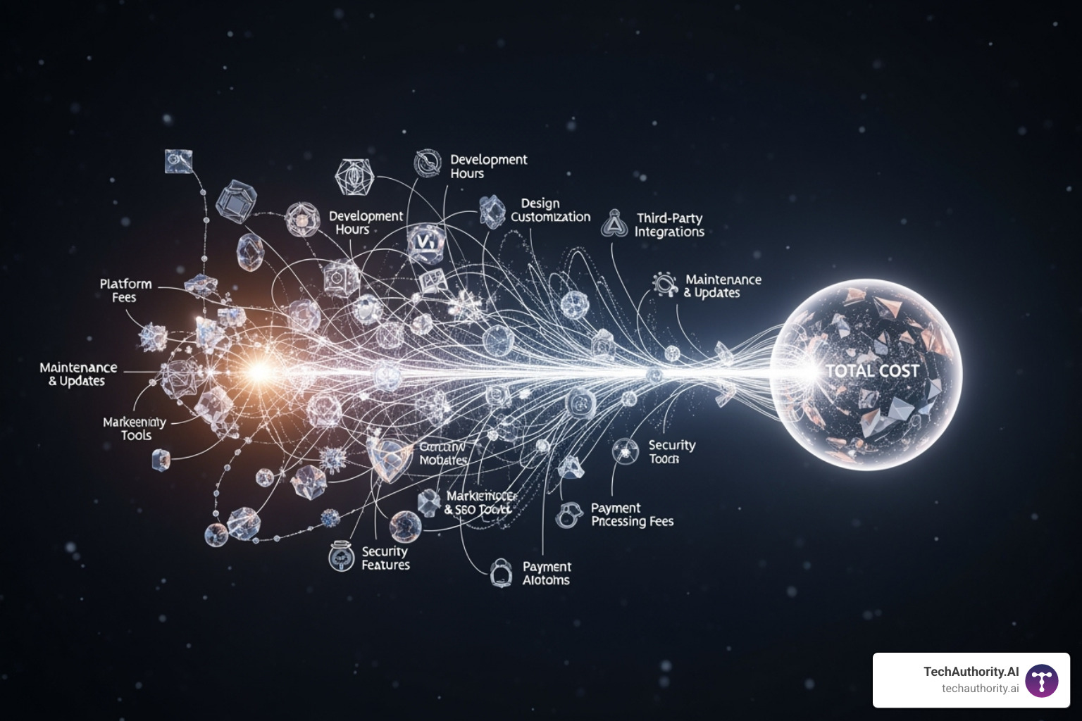 A flowchart illustrating the various factors that influence the total cost of an ecommerce website, including platform choice, design complexity, number of products, custom features, and ongoing services. - ecommerce web design pricing