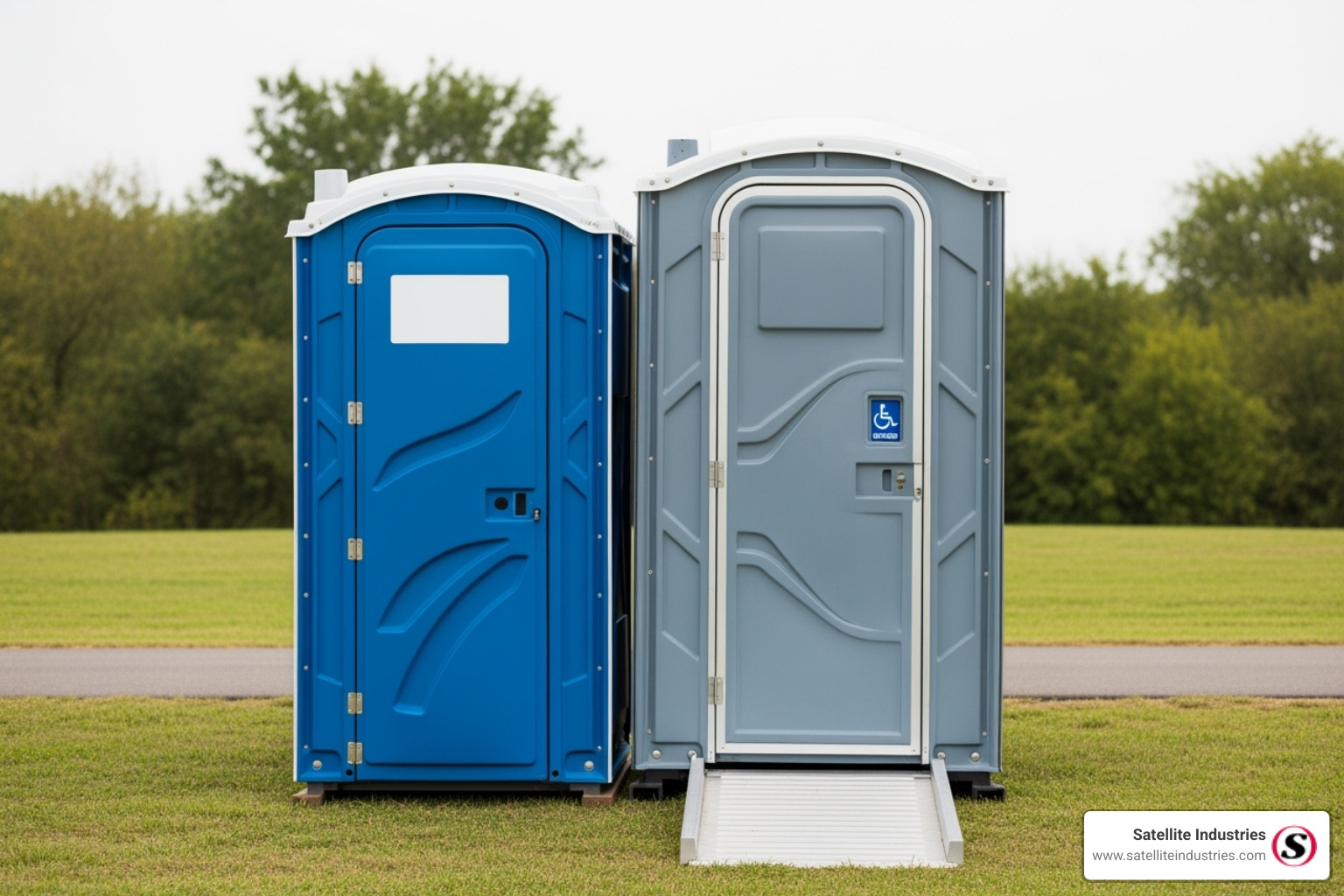 Image showing a standard portable toilet placed next to a larger, ADA-compliant unit to visually demonstrate the size difference - portable toilet dimensions