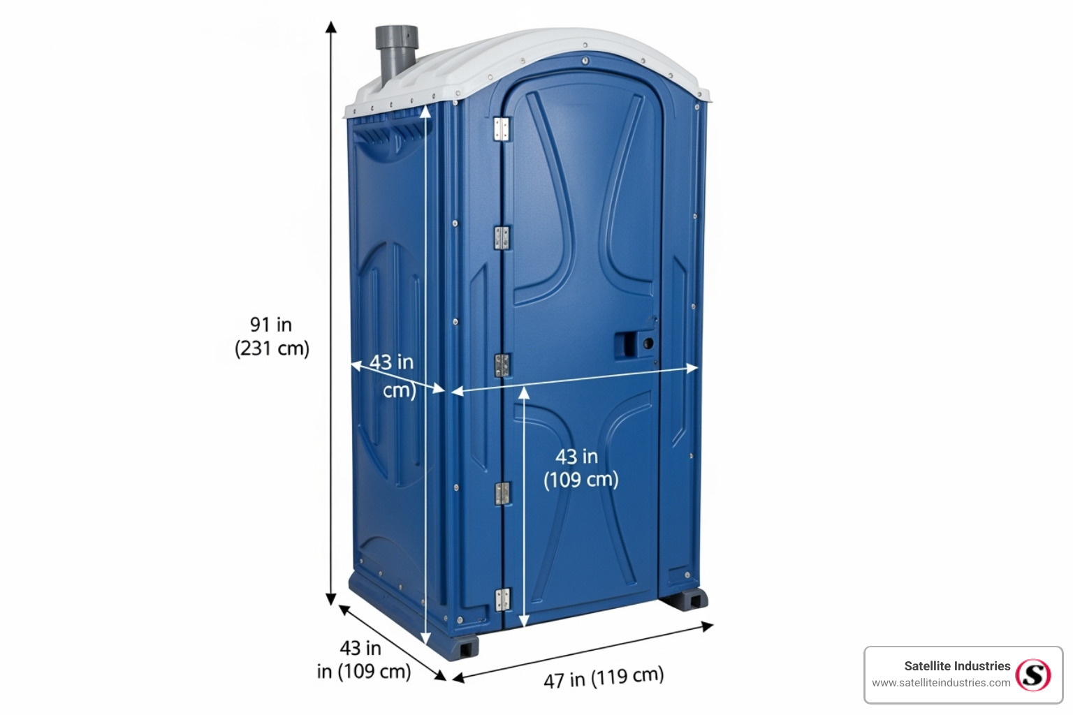 Standard portable toilet with dimension lines indicating height, width, and depth - portable toilet dimensions