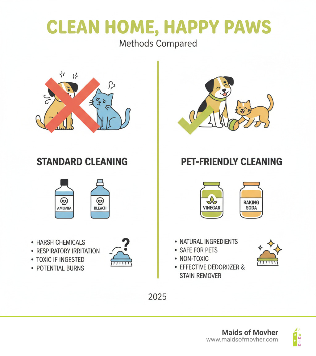 Detailed infographic comparing standard cleaning methods using harsh chemicals like ammonia and bleach versus pet-friendly methods using natural ingredients like vinegar and baking soda, showing safety benefits for pets and effectiveness for common pet messes - pet-friendly cleaning services washington infographic 