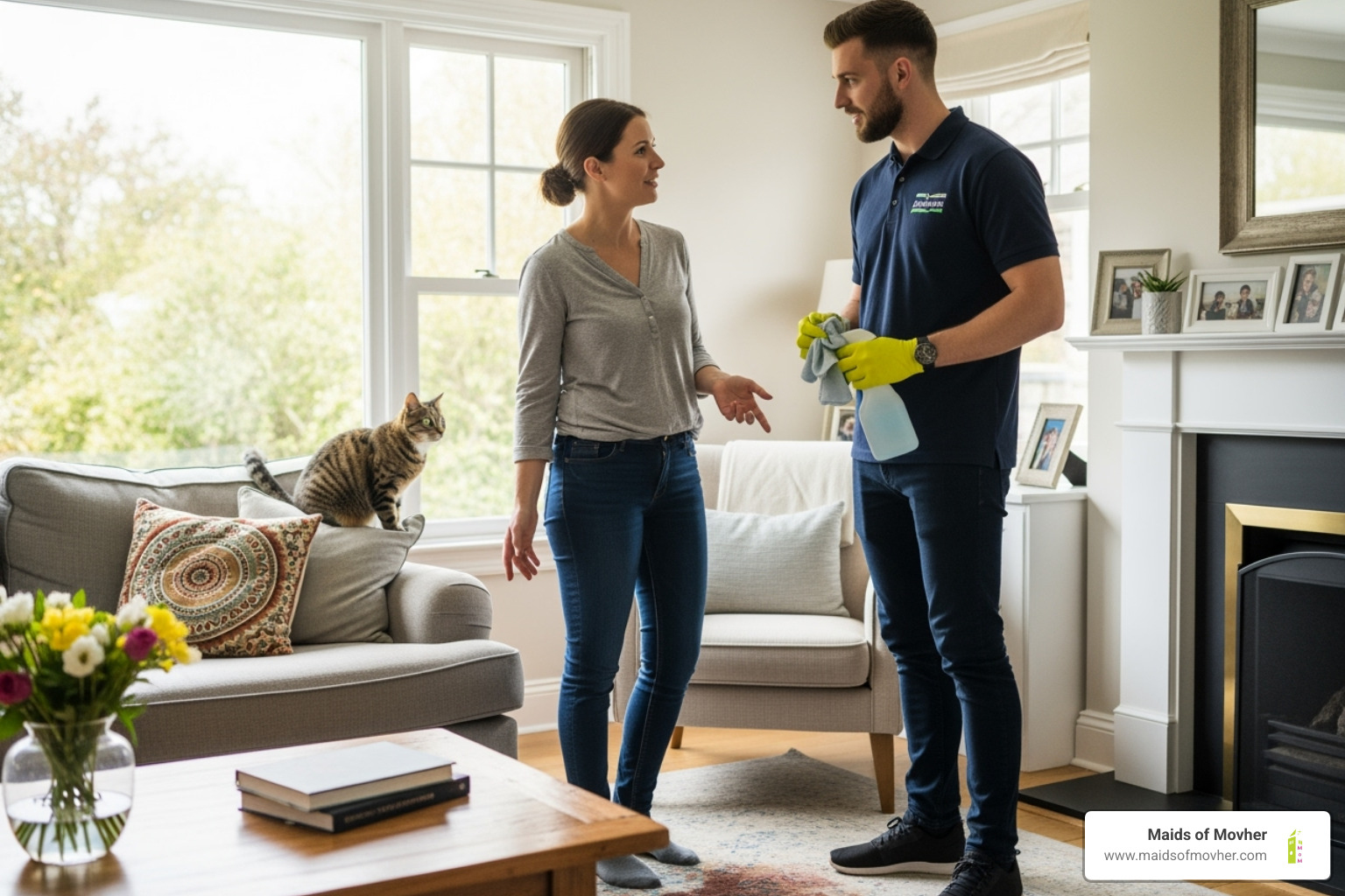 homeowner talking to a cleaner while their cat watches from a distance - pet-friendly cleaning services washington