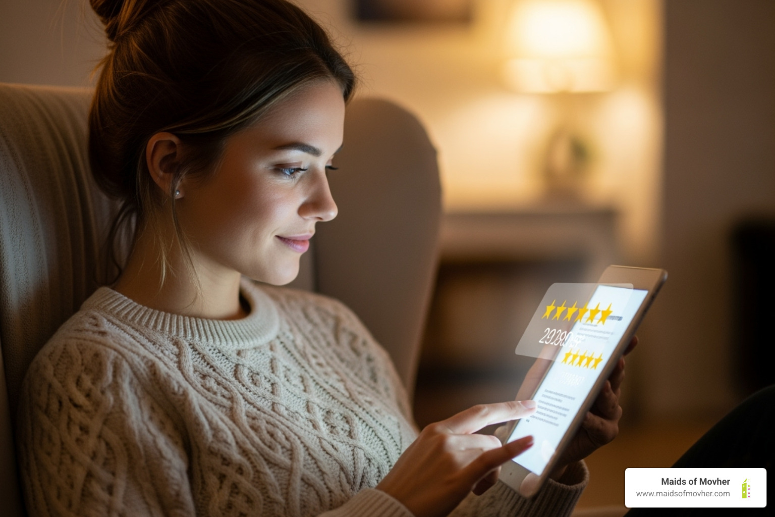 person reading positive reviews on a tablet - locally-owned cleaning company washington