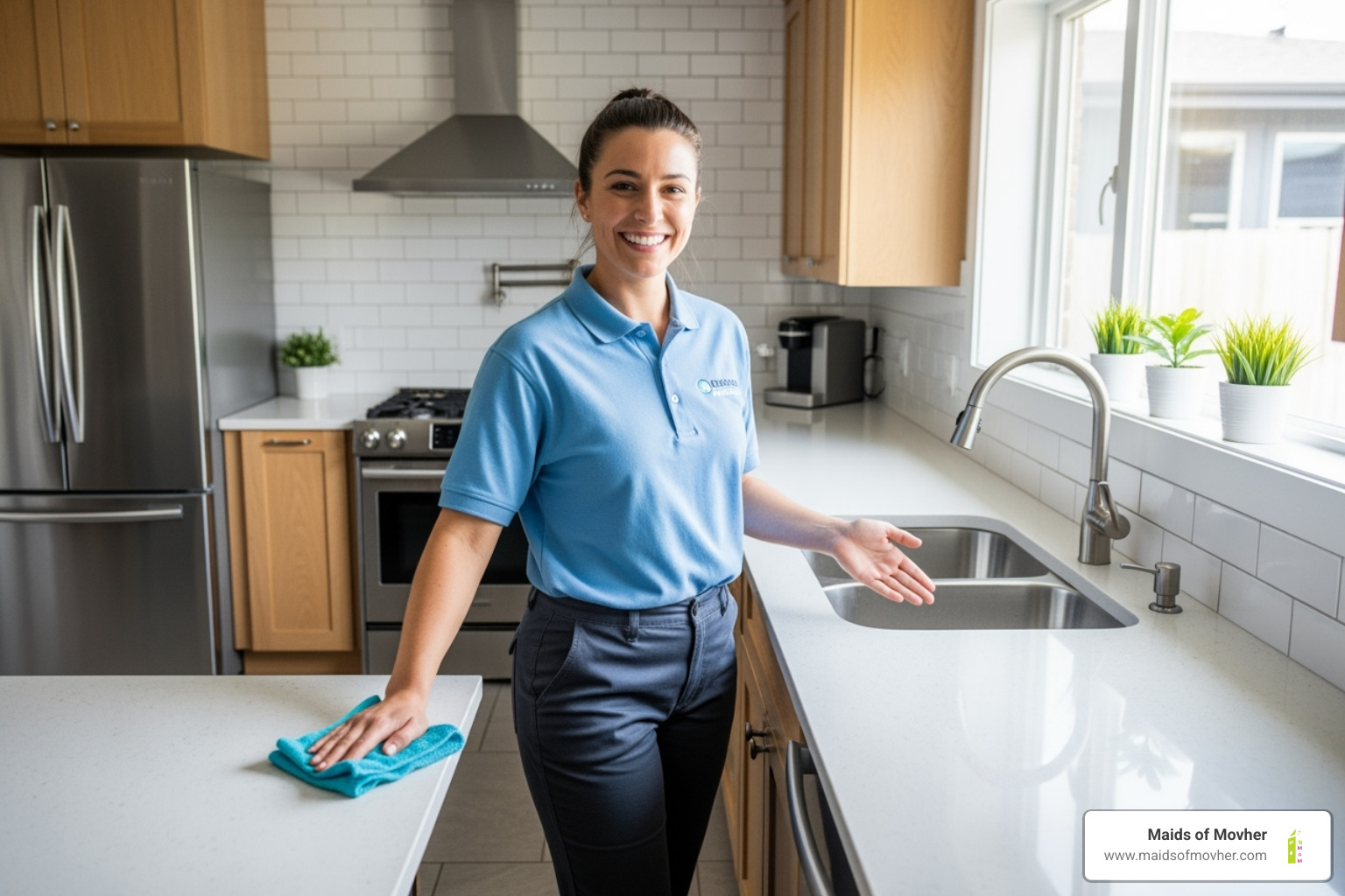 friendly cleaning professional smiling in a clean kitchen - locally-owned cleaning company washington