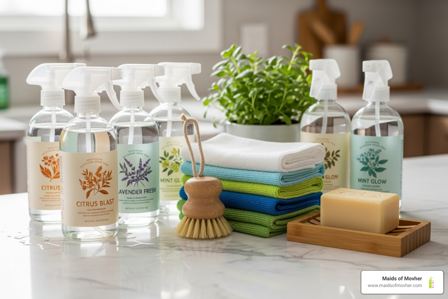 eco-friendly cleaning supplies on a countertop - locally-owned cleaning company washington