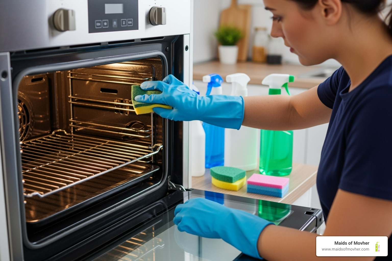 A person carefully scrubbing a stainless steel oven, its interior gleaming. Cleaning products and sponges are visible on the counter. - end of lease cleaning washington