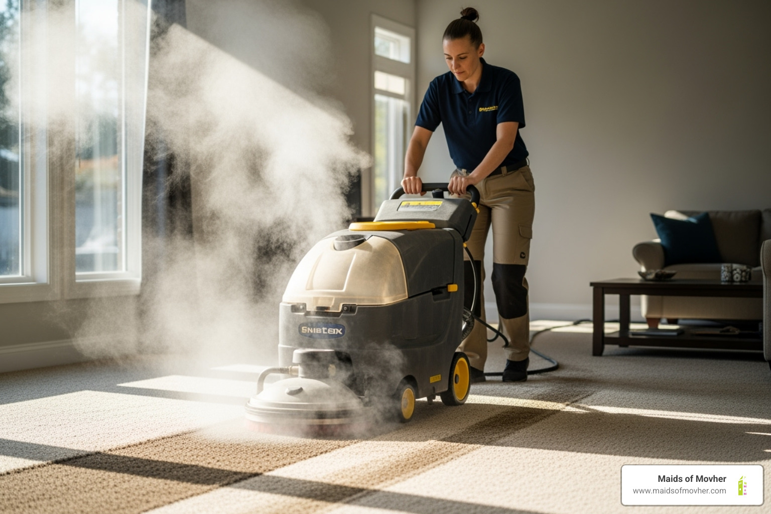 A professional cleaner operates a large, specialized carpet cleaning machine, emitting steam, highlighting the deep cleaning process that goes beyond regular vacuuming. - end of lease cleaning washington