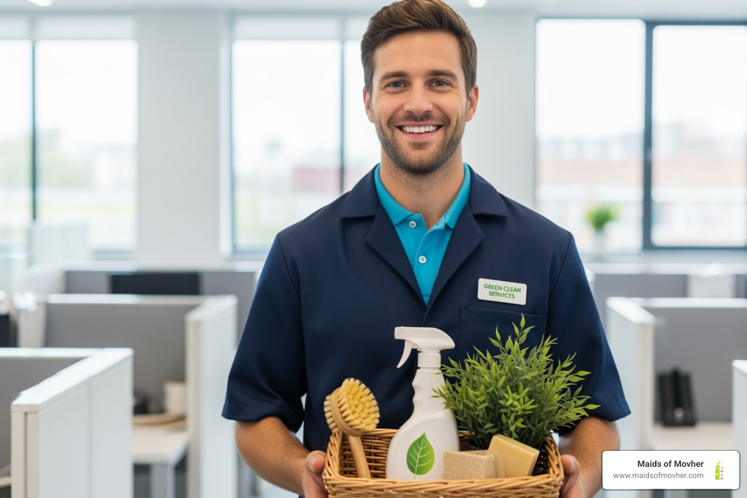 Cleaner wearing a uniform and smiling, holding eco-friendly products - comprehensive cleaning services washington