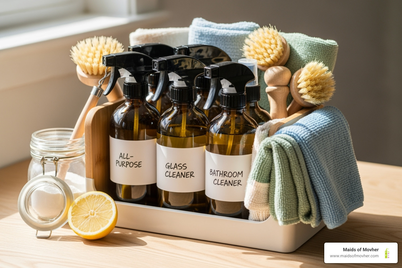 eco-friendly cleaning supplies arranged neatly in a caddy - woman-owned cleaning company washington