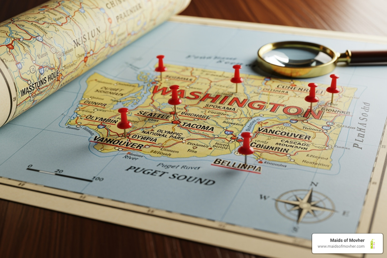 map of Washington State with pins in Spokane, Seattle, and other key areas - woman-owned cleaning company washington