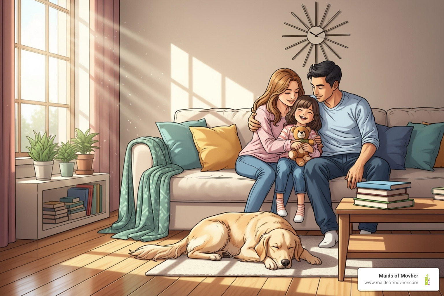 a family with a pet relaxing in a clean, sunlit room - healthy house cleaning washington