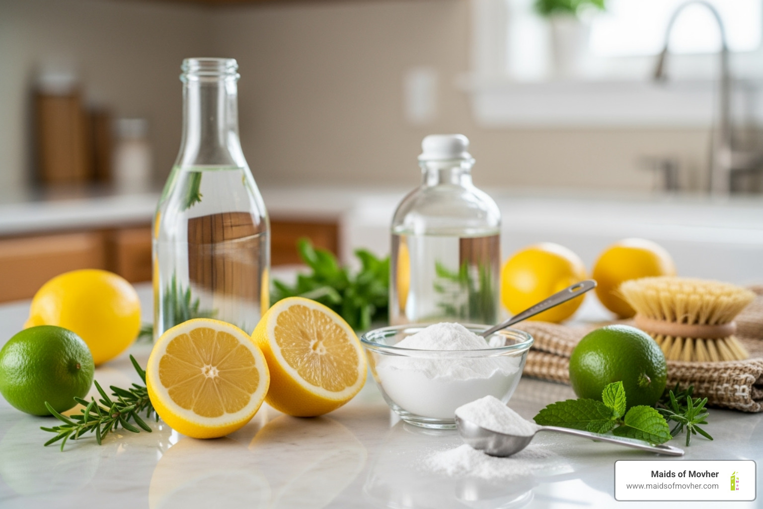natural cleaning ingredients like lemons, vinegar, and baking soda on a kitchen counter - healthy house cleaning washington