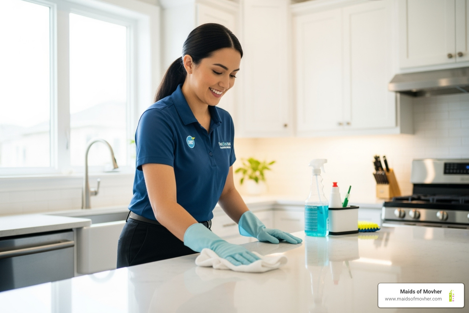 professional cleaner wiping down a kitchen counter with a smile - recurring cleaning services washington