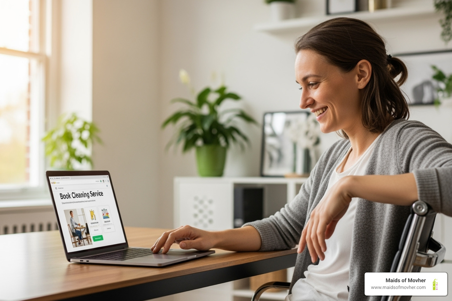 person happily booking a service on a laptop - recurring cleaning services washington
