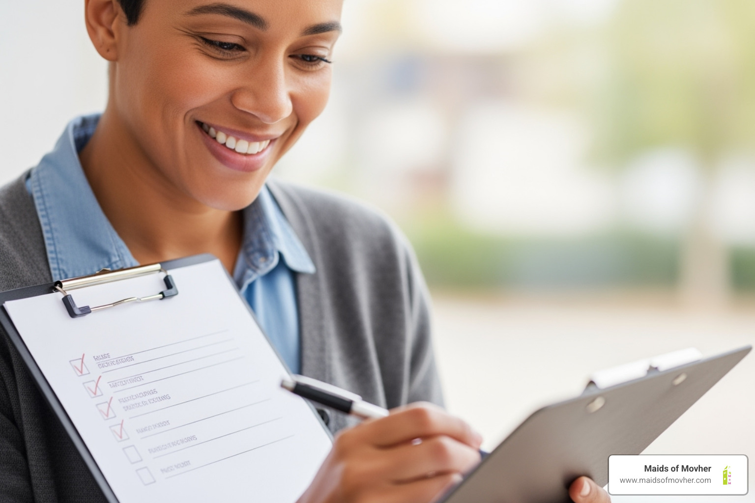 person smiling while looking at a checklist on a clipboard - house cleaning services spokane valley wa