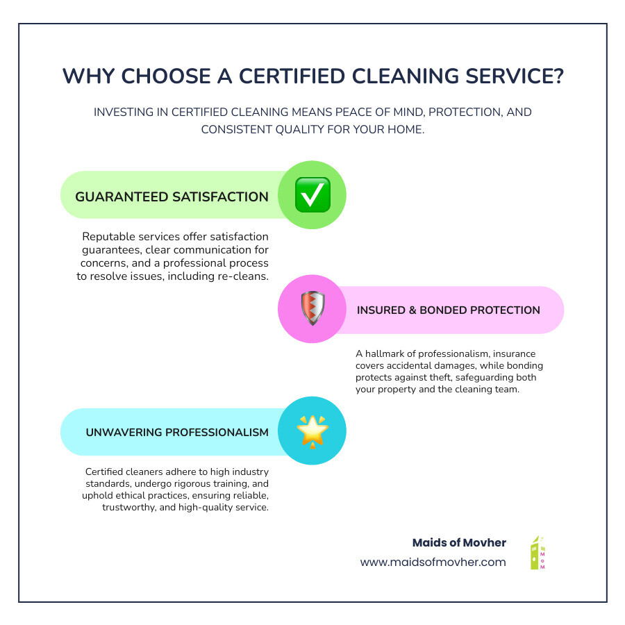 Infographic showing key benefits of certified cleaning, including health, safety, and reliability - certified cleaning service washington infographic infographic-line-3-steps-colors