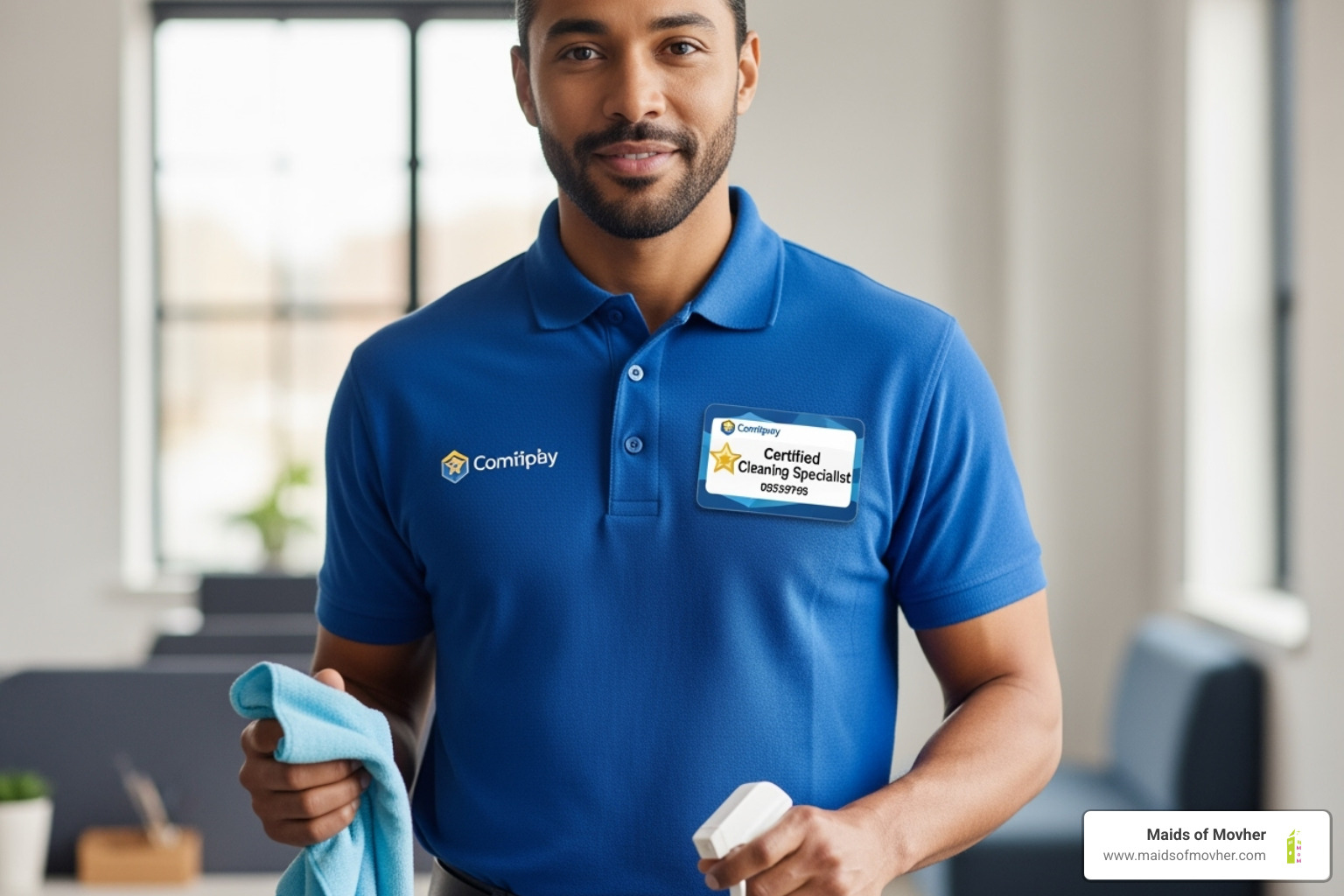 cleaning professional with certification badge - certified cleaning service washington