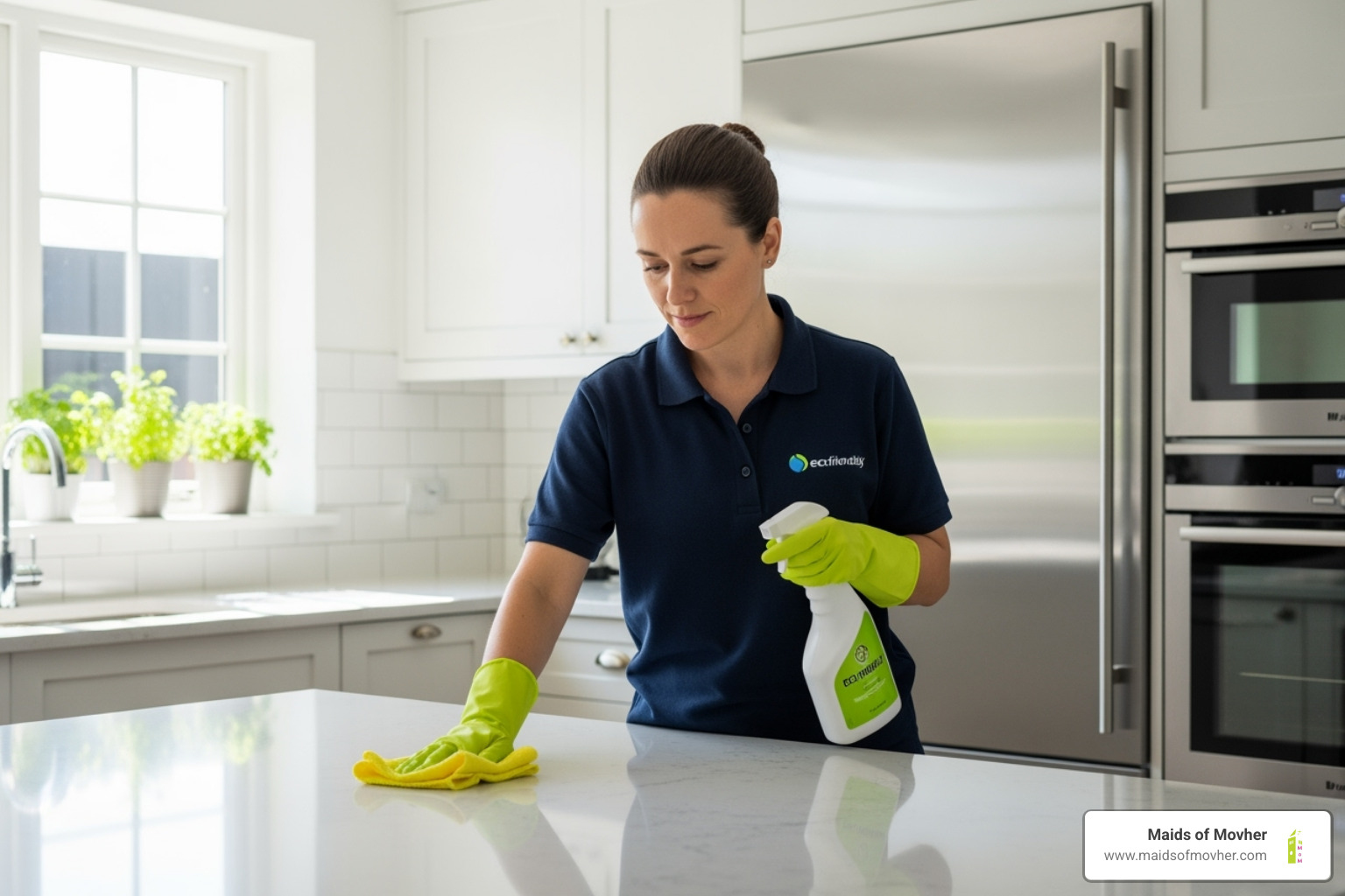 a cleaner carefully wiping down a kitchen countertop with eco-friendly products. - residential cleaners mead