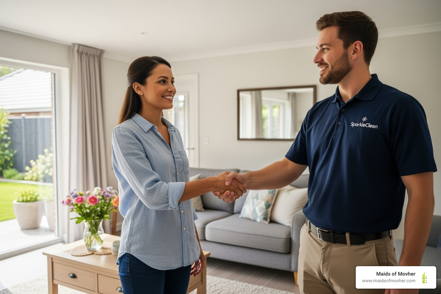 a homeowner smiling and shaking hands with a professional cleaner in uniform. - residential cleaners mead
