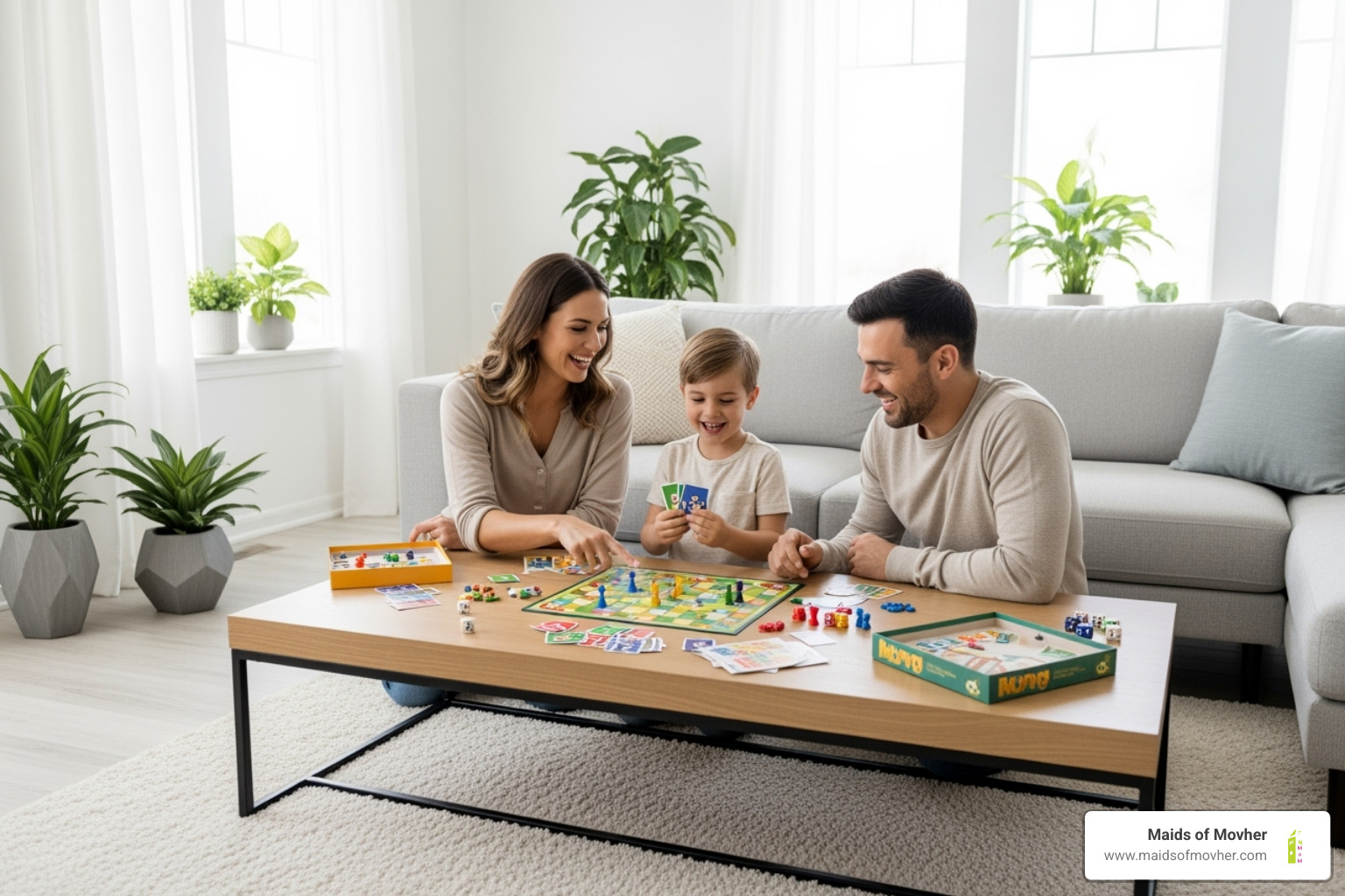a family playing a board game in their pristine living room. - residential cleaners mead