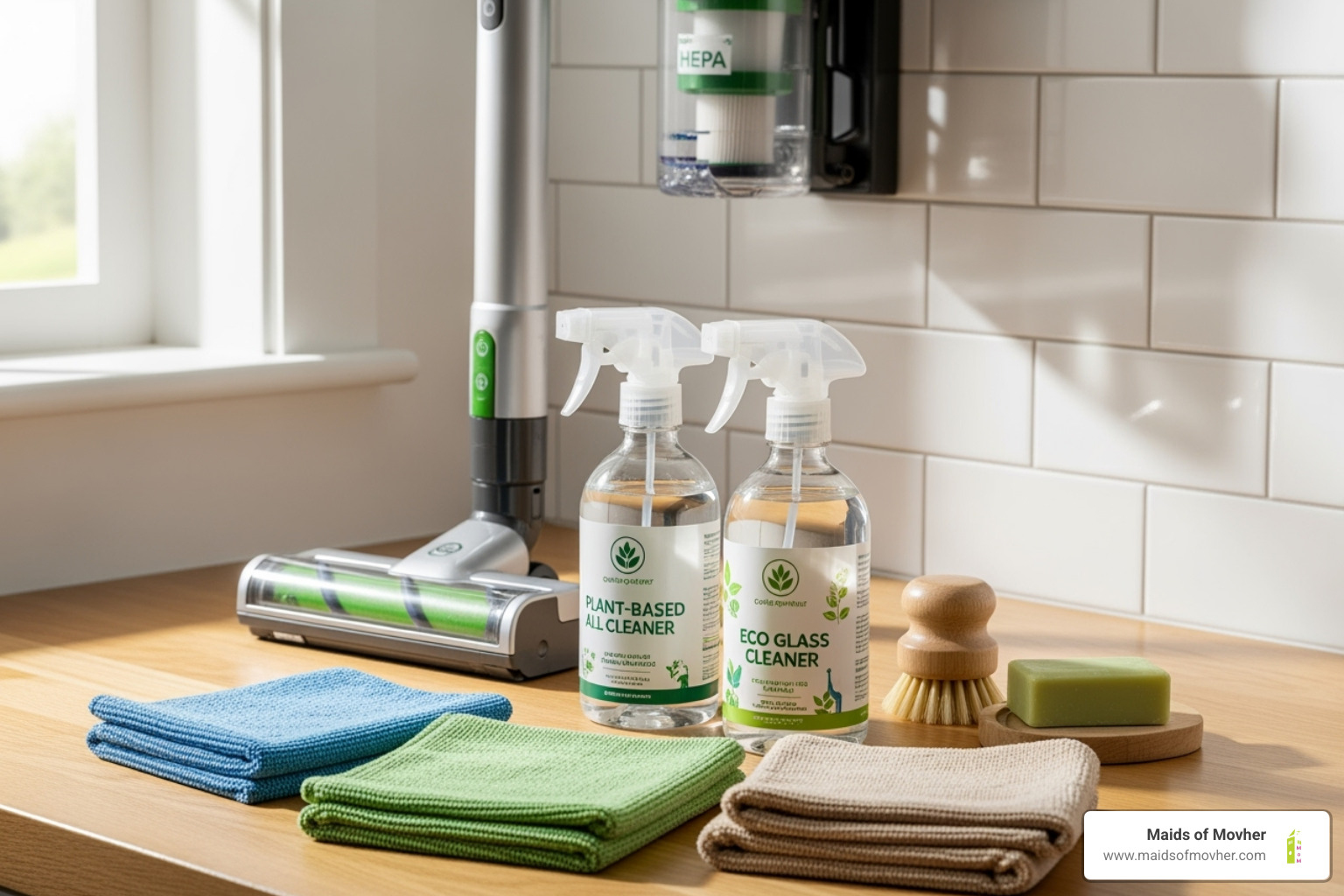 various eco-friendly cleaning supplies like microfiber cloths, plant-based sprays, and a HEPA-filter vacuum - eco-friendly cleaning services washington