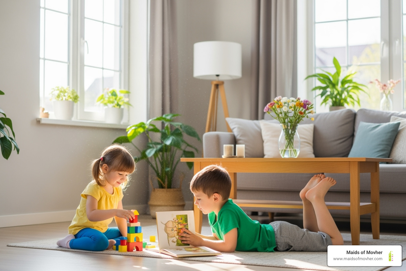 Image of a clean, healthy home environment with children playing safely - eco-friendly cleaning services washington