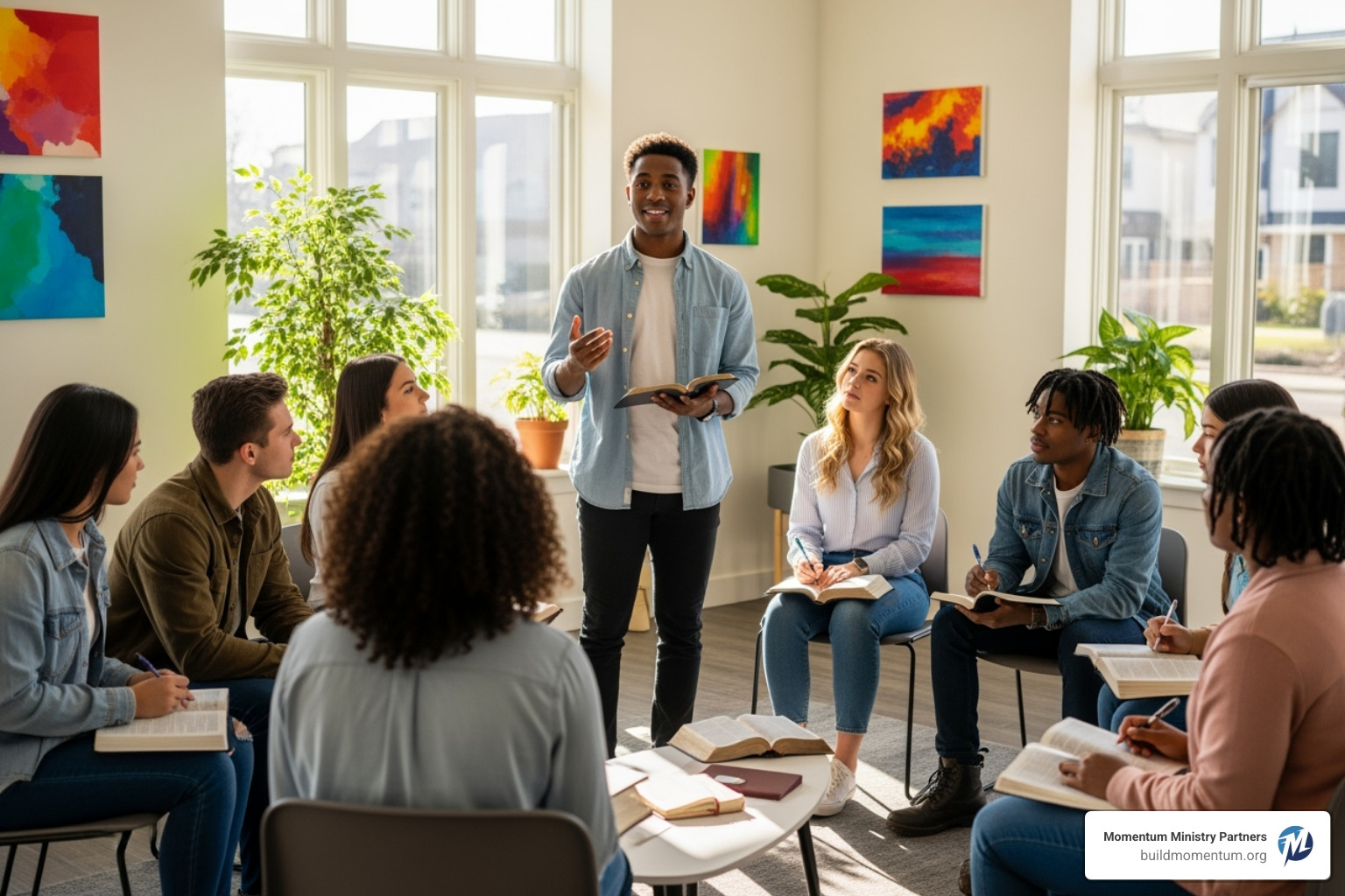A young person confidently leading a group in prayer or a Bible discussion, demonstrating youth empowerment and spiritual leadership. - Youth retention strategies