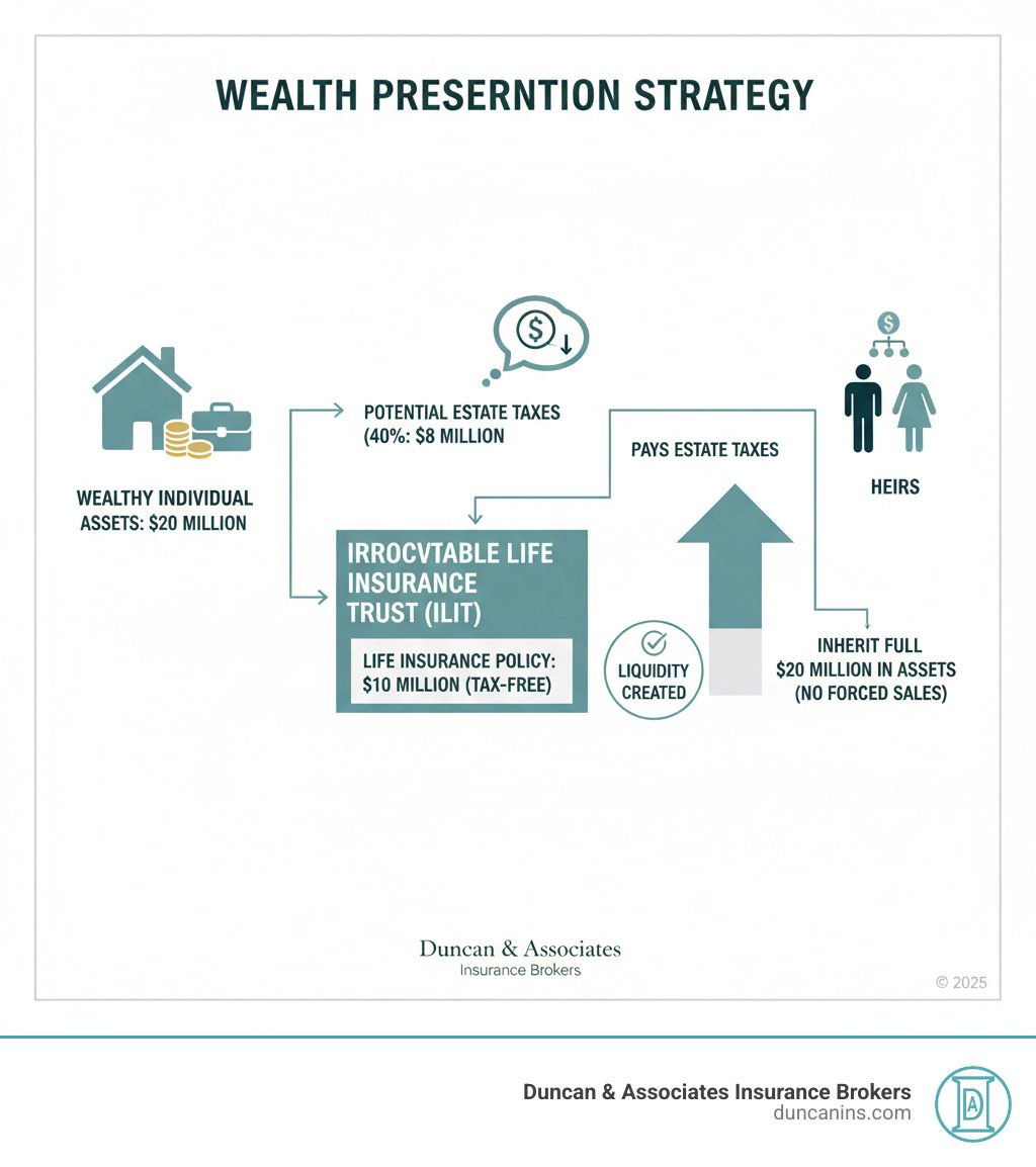 Infographic showing how high-net-worth life insurance works: A wealthy individual owns assets worth $20 million, faces potential 40% estate taxes ($8 million), uses a $10 million life insurance policy in an ILIT to provide tax-free liquidity for estate taxes, allowing heirs to inherit the full $20 million in assets without forced sales - life insurance for individuals with high net worth infographic 