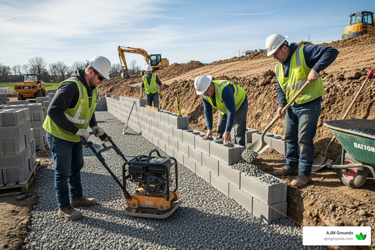 retaining wall being installed - hardscape contractor near me