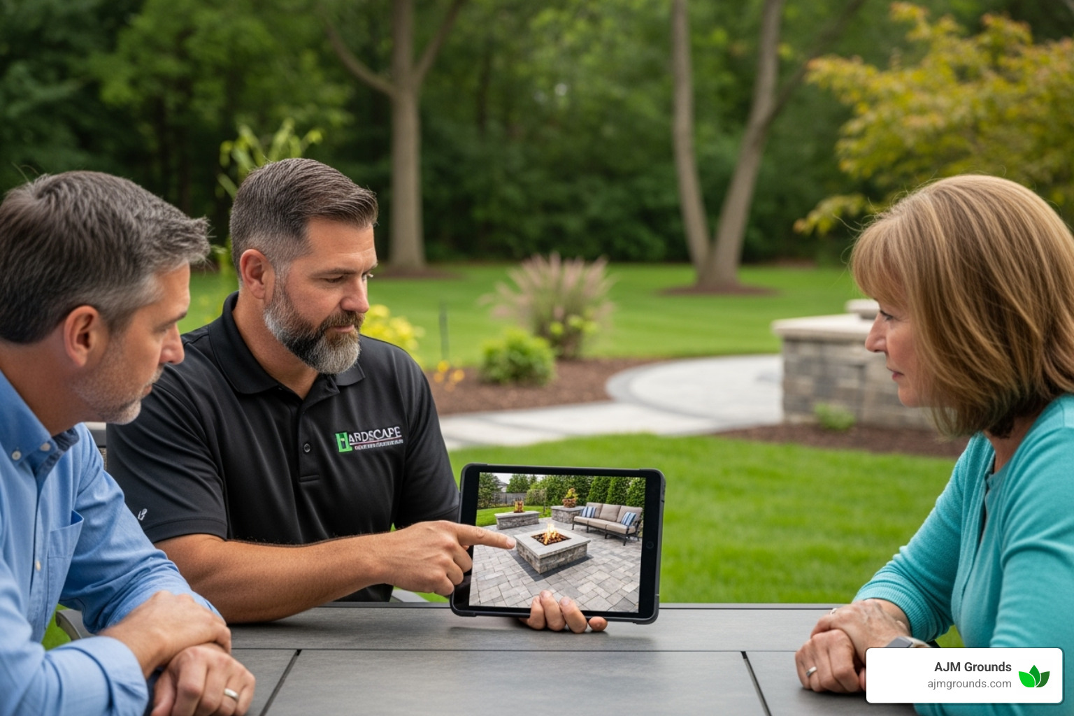 contractor showing a portfolio to a homeowner - hardscape contractor near me