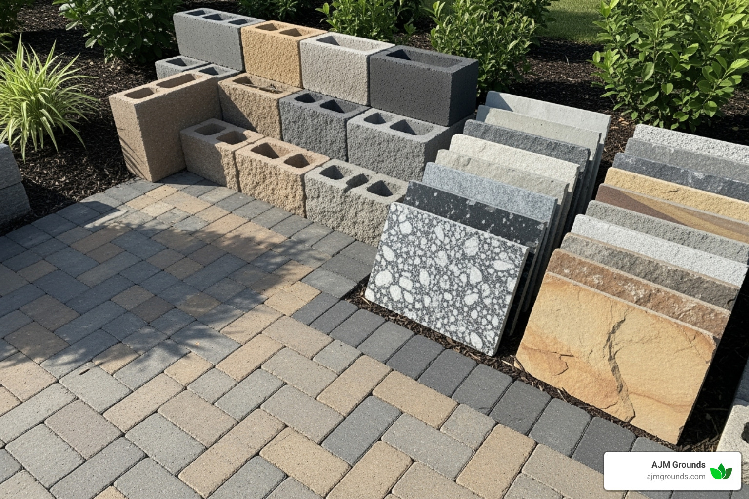 various hardscape materials like pavers, natural stone, and concrete blocks - hardscape contractor near me