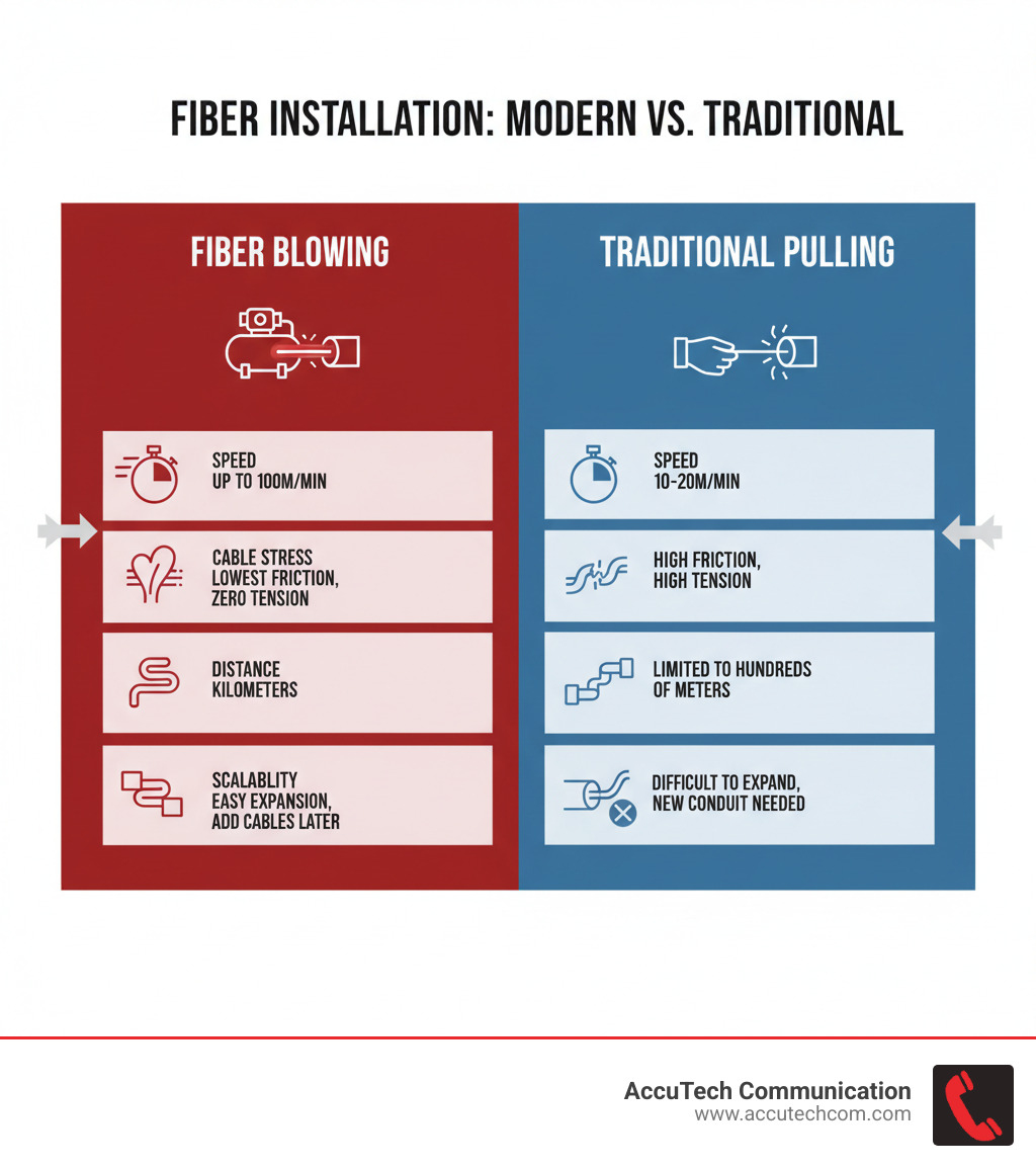 Detailed comparison infographic showing fiber blowing process versus traditional cable pulling, highlighting key differences in installation speed, cable stress levels, distance capabilities, and long-term scalability benefits - fiber blowing contractors infographic 