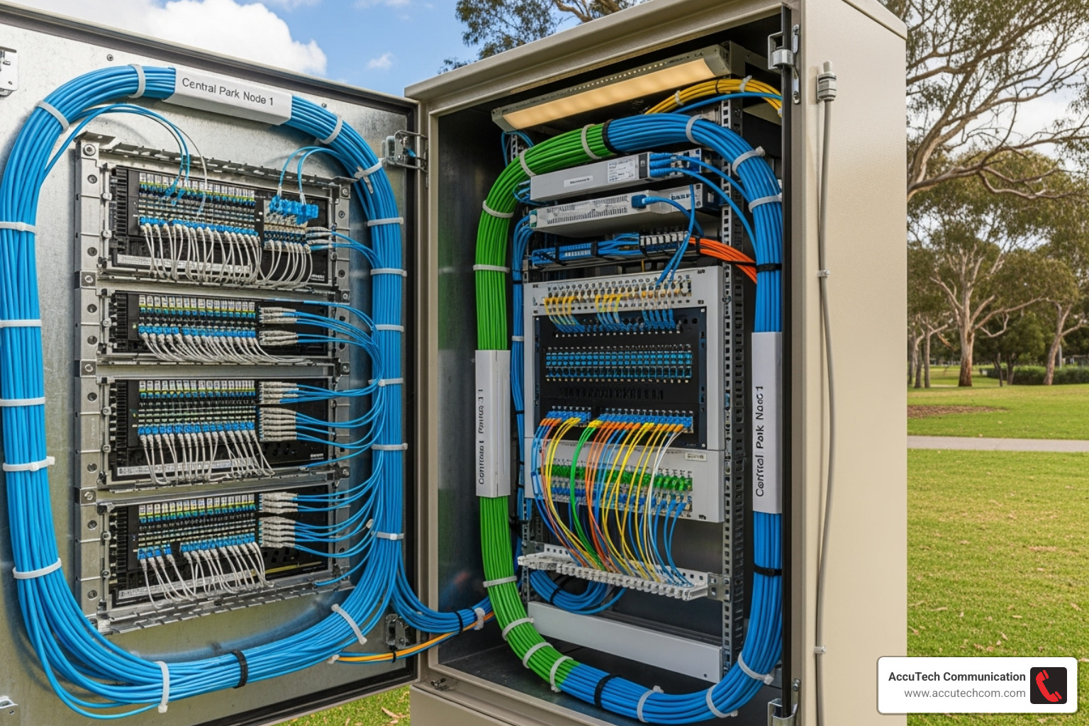 Completed community fiber project hub, showing organized fiber connections - fiber blowing contractors