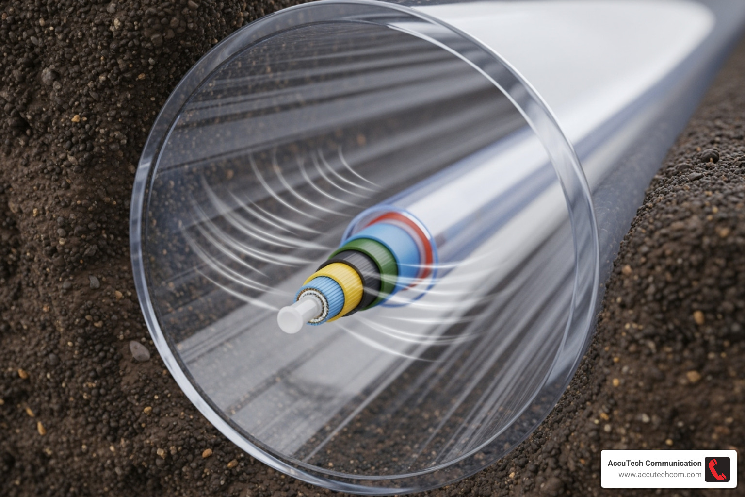 Cross-section of a microduct with a fiber cable inside, illustrating the air cushion effect - fiber blowing contractors