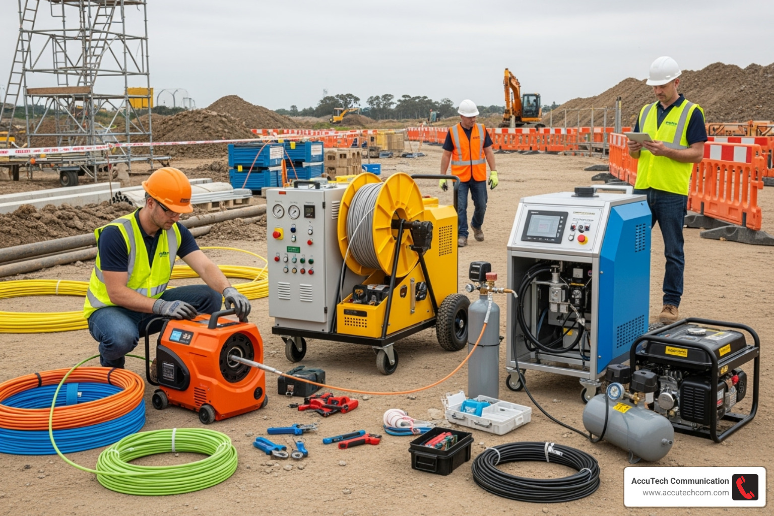 Various fiber blowing machines and accessories on a worksite - fiber blowing contractors