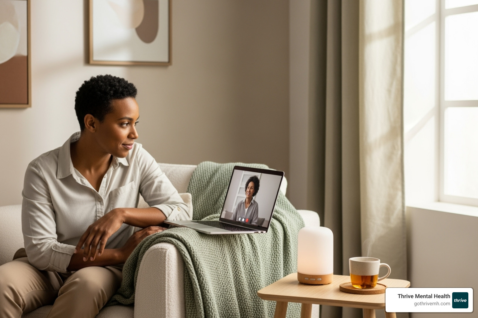 A person participating in a one-on-one virtual therapy session on their laptop, with a serene background - how do intensive outpatient programs work
