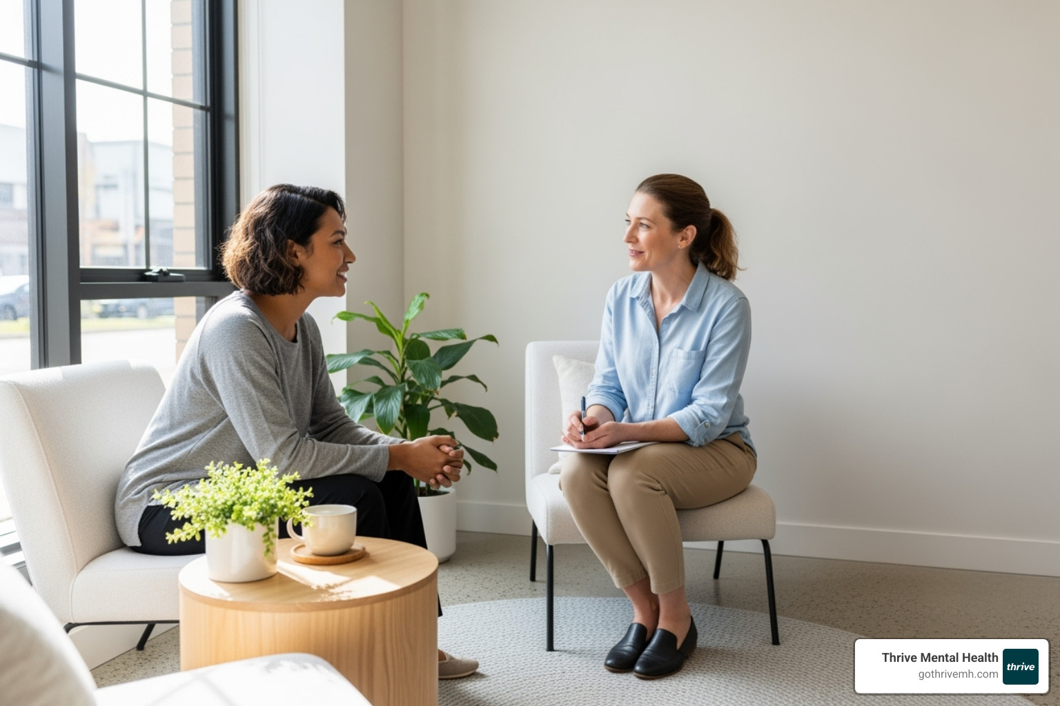 A person smiling while talking with a therapist during an intake assessment - how do intensive outpatient programs work