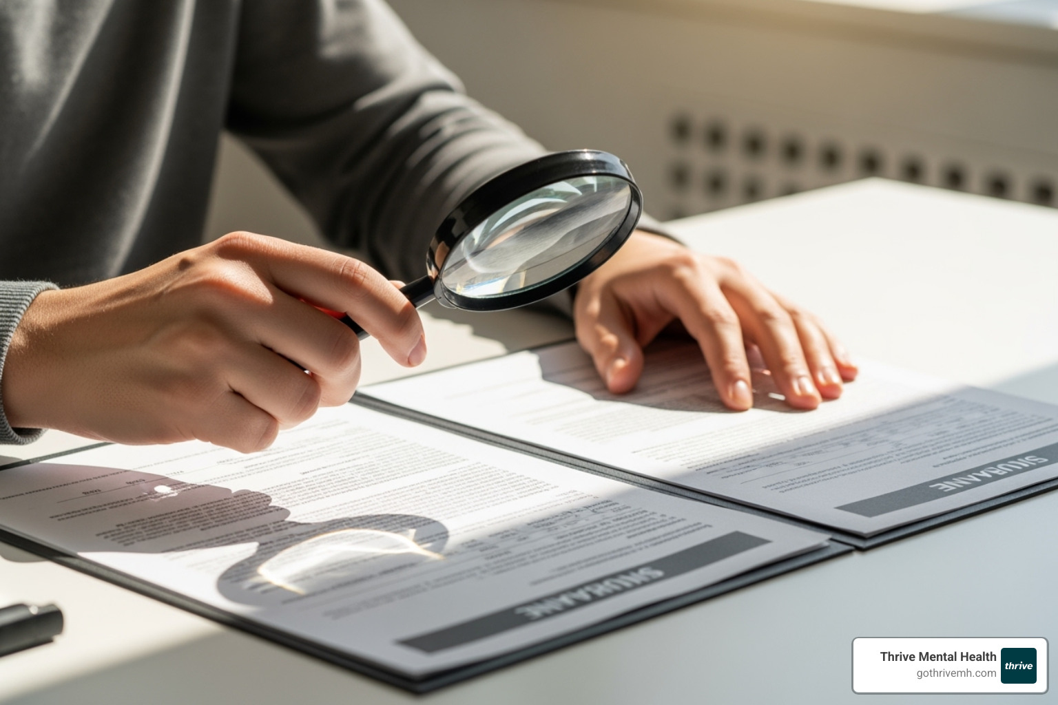 Person comparing two insurance documents with a magnifying glass - insurance near me