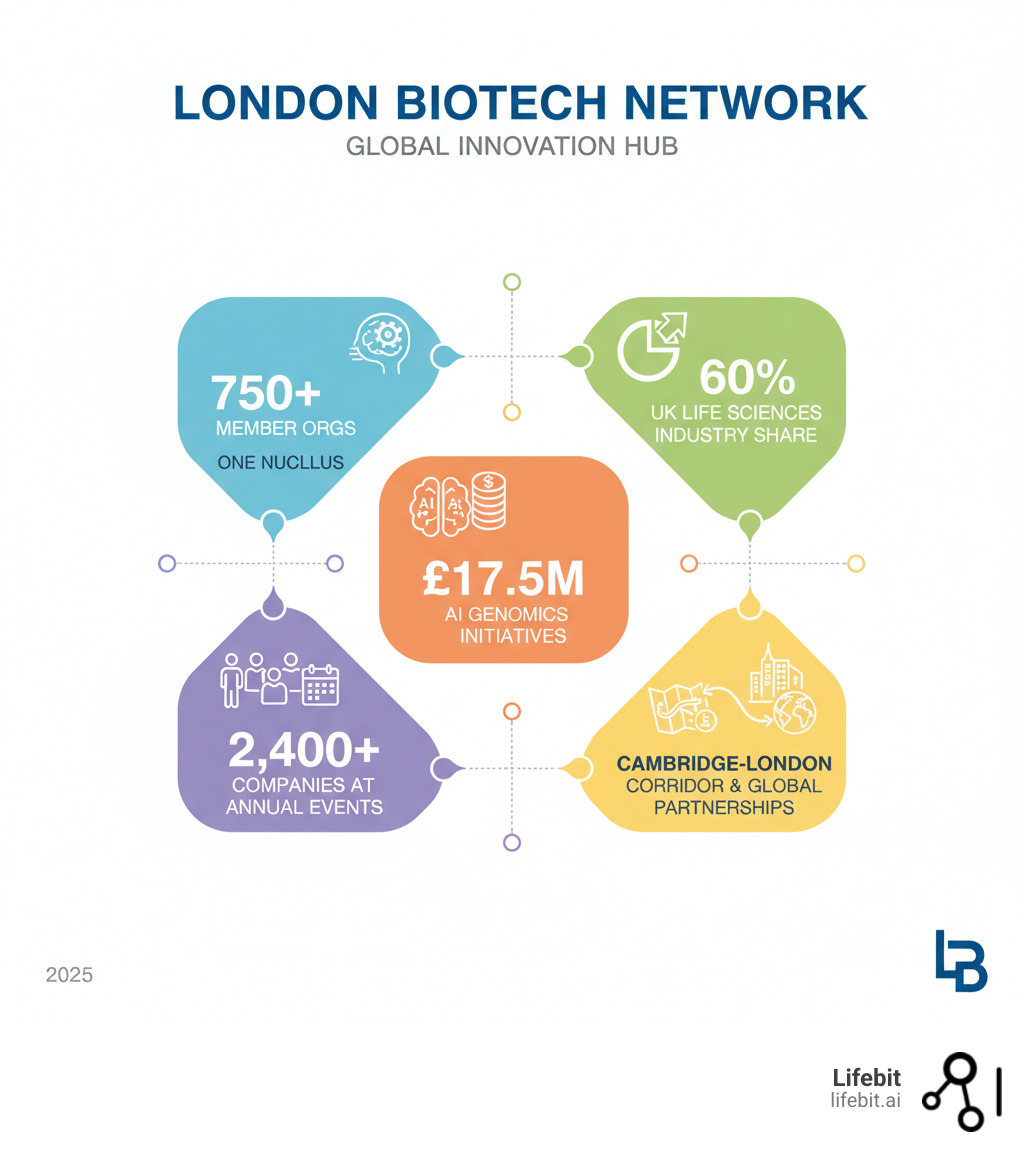 Infographic showing London biotech network statistics: 750+ member organizations in One Nucleus, 60% of UK life sciences industry representation, 7.5M GBP in AI genomics initiatives, 2,400+ companies at annual biotech events, and connections spanning Cambridge-London corridor with international partnerships - london biotech network infographic 