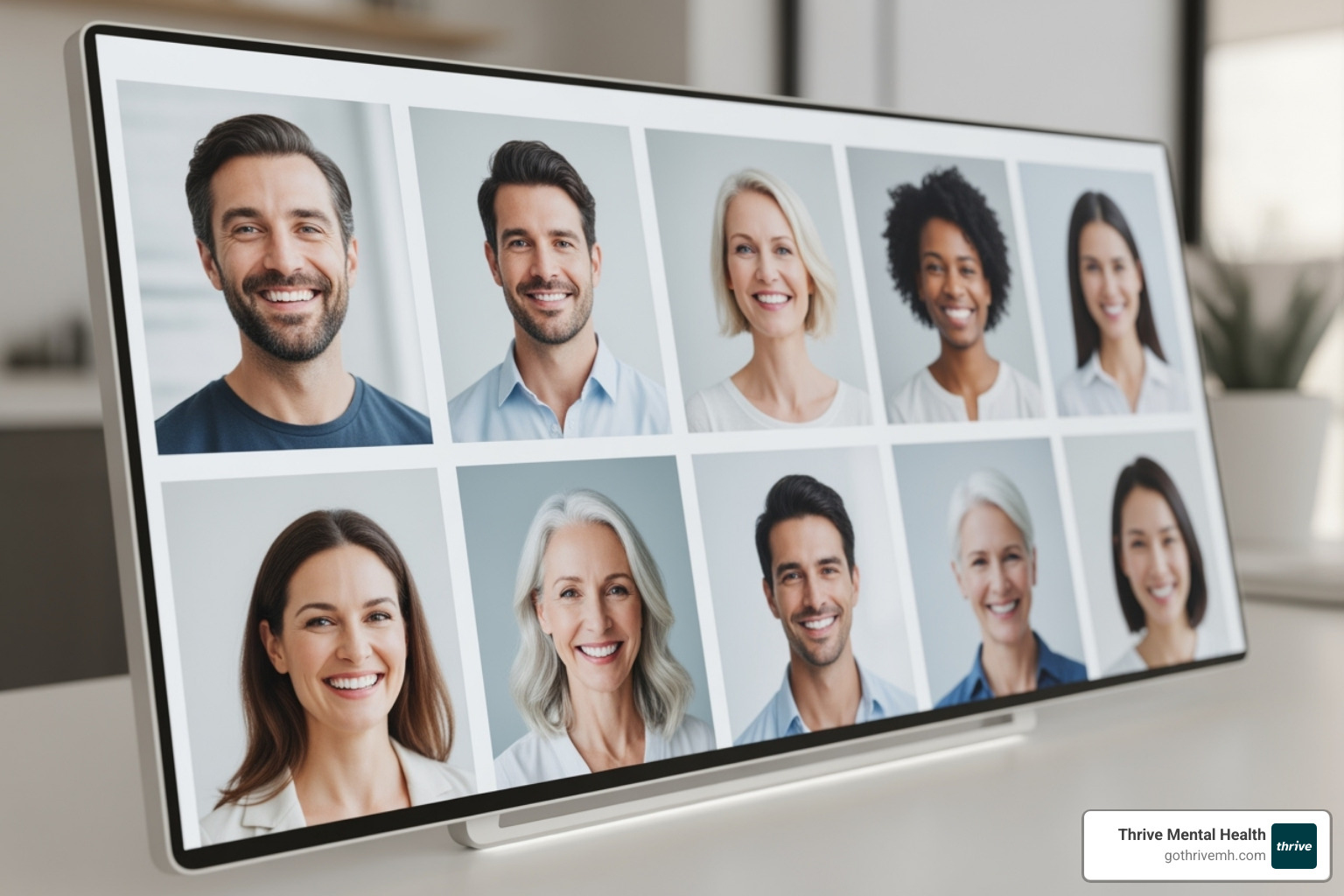 Diverse selection of therapist profile pictures on a screen - online couples therapy Diverse selection of therapist profile pictures on a screen - online couples therapy