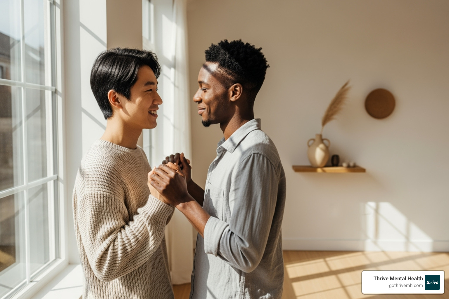 Couple smiling and holding hands at home, looking content - online couples therapy Couple smiling and holding hands at home, looking content - online couples therapy